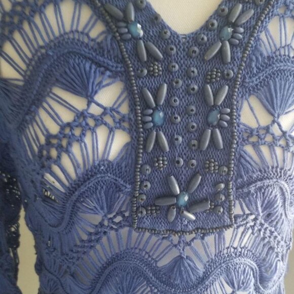 Chicos Blue Crochet Knit Beaded V-Neck Sweater Top Womens Size 1 - Picture 3 of 5